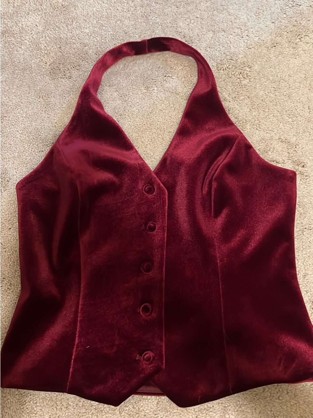 White House Black Market Burgundy Velvet Halter Button-Front Bodysuit
